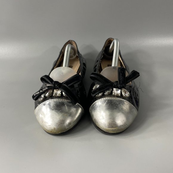 Prada Black Patent Leather Ballet Flats with Crystal on Front, Size 39 - Picture 3 of 14